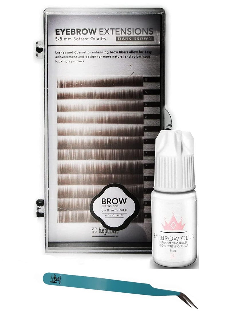 KC Republic Eyebrow Extensions Kit with 1 x Trays of Mink Eyebrows in Dark Brown Comes on Mixed Length Trays 5-8 Mm Mix, Eyebrow Extension Glue Clear & Extension Tweezers by Kc Republic (Dark Brown, Blue Tweezer) - Image 1